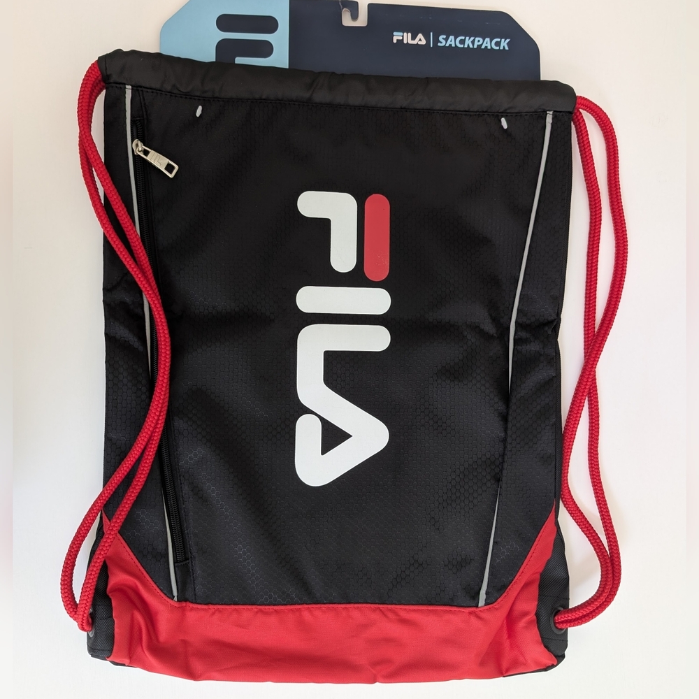 Heavy Duty FILA Drawstring Front Zip Sack Backpack Sports Gym Travel Black NWT